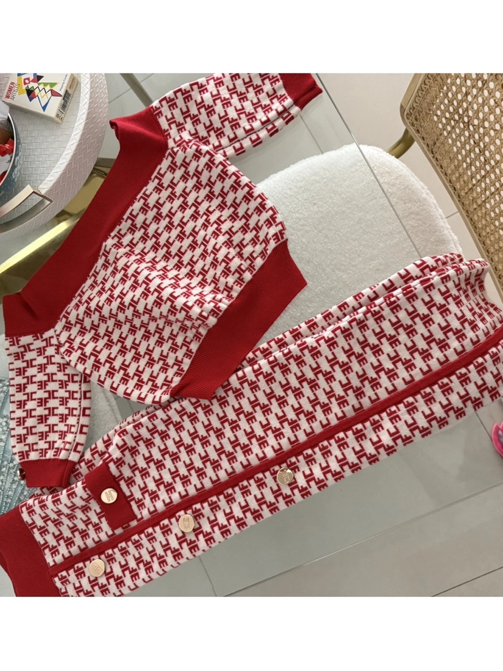 Elisabetta Franchi Red & White Monogram Knit Cardigan Set